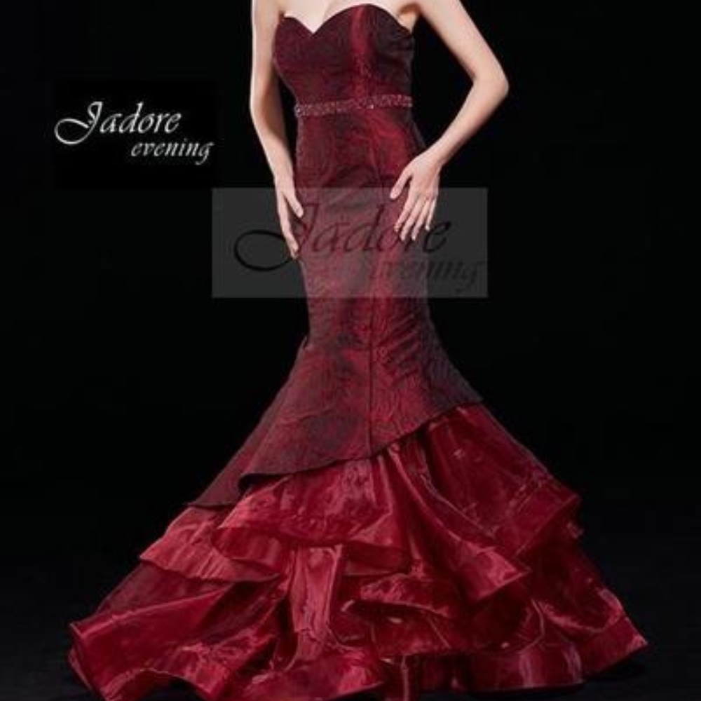 Jadore 12035 Strapless Evening Gown in Burgundy